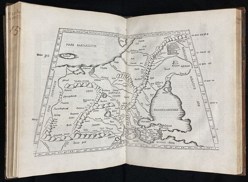 Map from a 1525 edition of Ptolemy’s Geography showing the long mountain chain between “European” and “Asian” Sarmatia that Miechowita correctly declared did not exist. (Linda Hall Library)