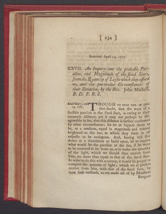First page of paper on the parallax of stars, by John Michell, Philosophical Transactions of the Royal Society of London, vol. 57, 1767 (Linda Hall Library)