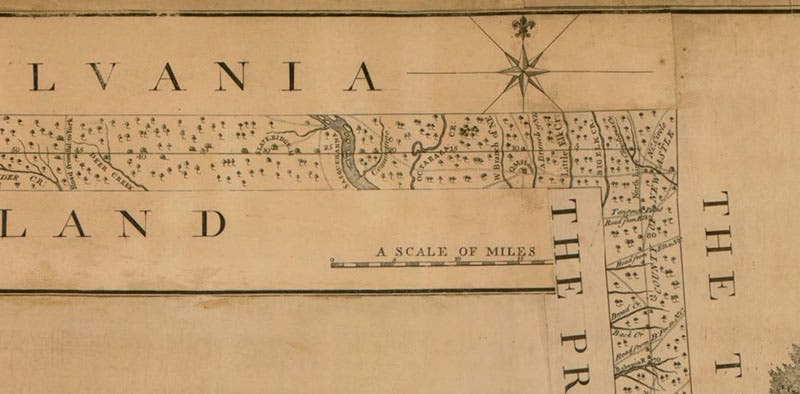 Detail of upper right corner of the map of 1768 (third image), showing where the east-west line makes a 90° turn to the south, Library of Congress (loc.gov)