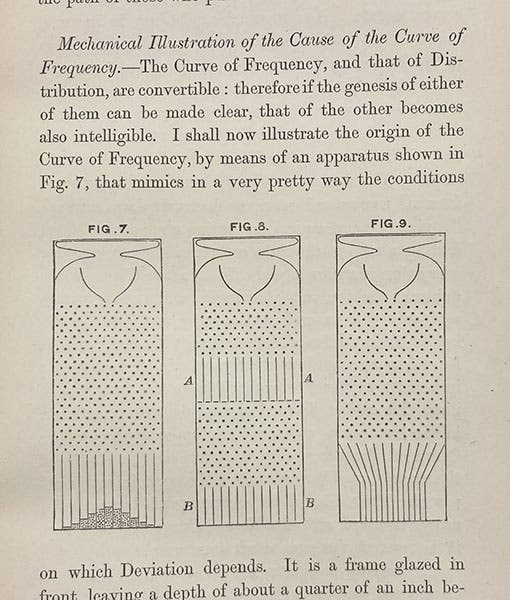 A “Galton board” for demonstrating normal distribution and the bell curve, diagram in Natural Inheritance, by Francis Galton, p. 63, 1889 (Linda Hall Library)
