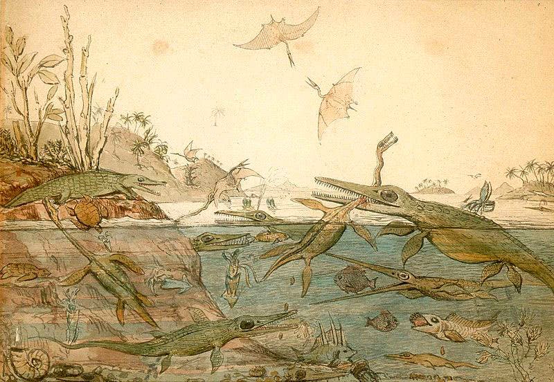 Duria antiquior, watercolor by Henry de la Beche, 1830, reconstructing prehistoric reptiles discovered by Mary Anning (National Museum of Wales, Cardiff, via Wikipedia)