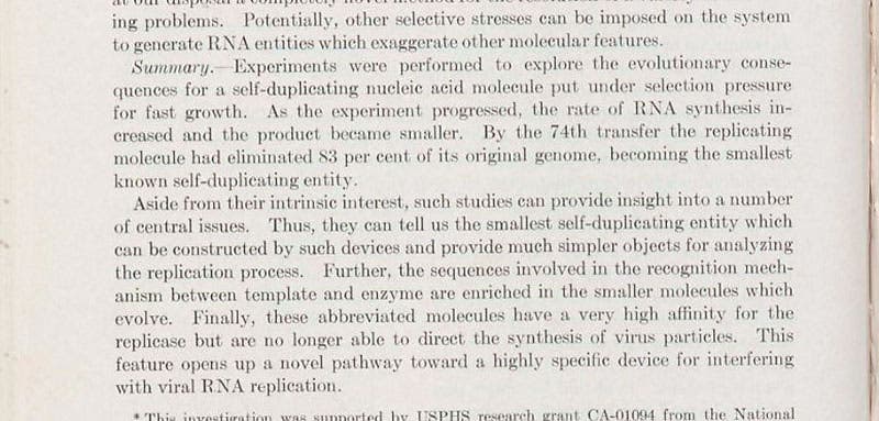 Concluding paragraph (summary) of "An extracellular Darwinian experiment with a self-duplicating nucleic acid molecule," by Sol Spiegelman et al., Proceedings of the National Academy of Sciences, vol. 58, 1967 (Linda Hall Library)