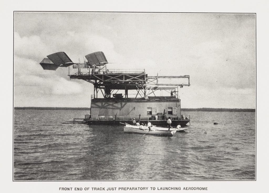 Langley’s Aerodrome A on the houseboat ready for launch in 1903. The aircraft measured 52 feet in length and sported a 50-foot wingspan. It weighed 750 pounds with a pilot aboard and was powered by a 52-horse-power engine. Photo credit: Manly, Charles. “Langley Memoir on Mechanical Flight: Part II, 1897 to 1903.” Smithsonian Contributions to Knowledge, vol. 27, no. 3, Smithsonian Institution, 1911. View Source.