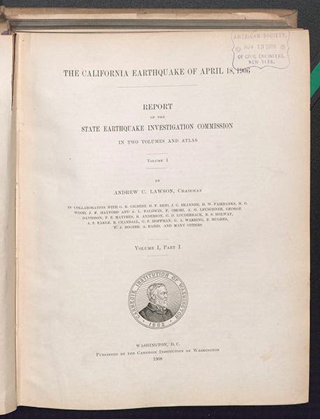 Title page of the Earthquake Commission report on the San Francisco Earthquake, usually referred to as the Lawson Report, 1908-10 (Linda Hall Library)