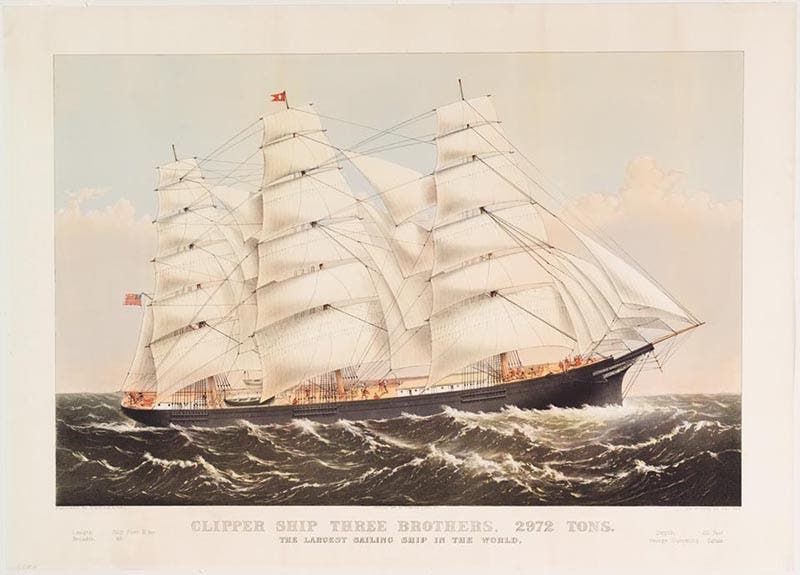 The clipper ship Three Brothers, colored lithograph, Currier & Ives, 1875 (Springfield Museums)