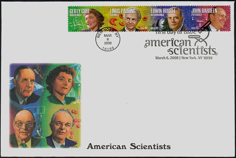 U.S. Postal Service, first day cover, American Scientists series, 2008, commemorating Gerty Cori, Linus Pauling, Edwin Hubble, and John Bardeen (mysticstamp.com)