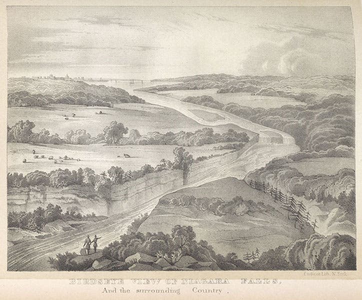 Bird’s eye view of Niagara Falls, lithograph in The Geology of New York, Pt. IV: Survey of the Fourth Geological District, by James Hall, 1843 (Linda Hall Library)