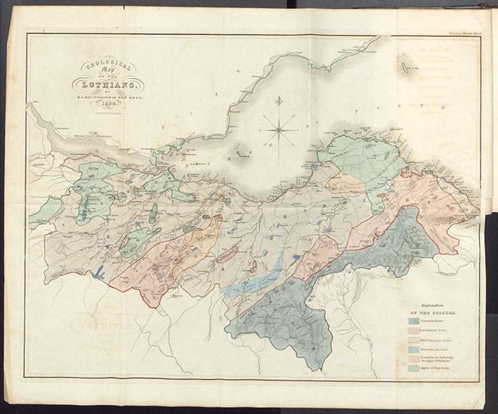 “Geological map of the Lothians,” hand-colored engraved frontispiece, Essay on the Geology of the Lothians, by Robert J. Hay Cunningham, 1838 (Linda Hall Library)