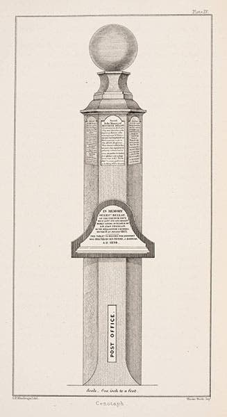 Memorial to Joseph René Bellot, erected on Beechey Island under the auspices of John Barrow, 1854, drawing in Edward Belcher, The Last of the Arctic Voyages, 1855 (Linda Hall Library)