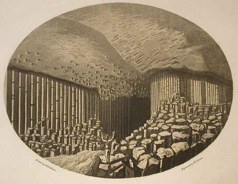 Fingal’s Cave, aquatint, in Thomas Garnett, Observations on a Tour through the Highlands and Part of the Western Isles of Scotland, 1800 (Linda Hall Library)