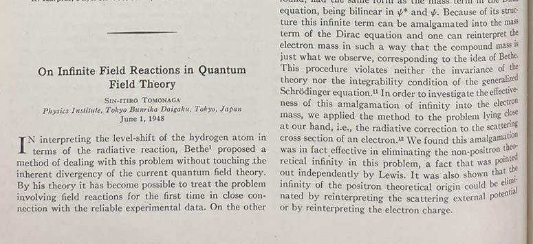 First paragraph, “On infinite field reactions in quantum field theory,” by Sin-itiro Tomonaga, Physical Review, vol. 74, p. 224, 1948 (Linda Hall Library)