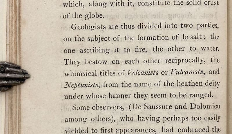 Explanation of vulcanists and neptunists, An Account of the Basalts of Saxony, by Jean-François d’Aubuisson de Voisins, trans. by P. Neill, p. 6, 1814 (Linda Hall Library).