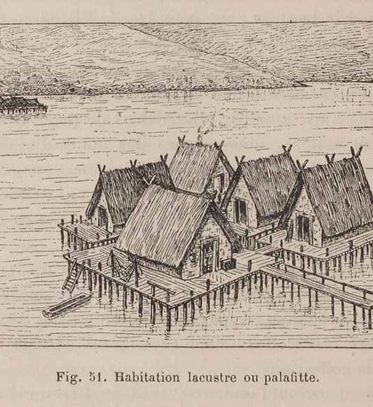 Reconstruction of a Swiss lake dwelling, from Gabriel de Mortillet, <i>Le préhistorique antiquité de l’homme</i>, 1883 (Linda Hall Library)