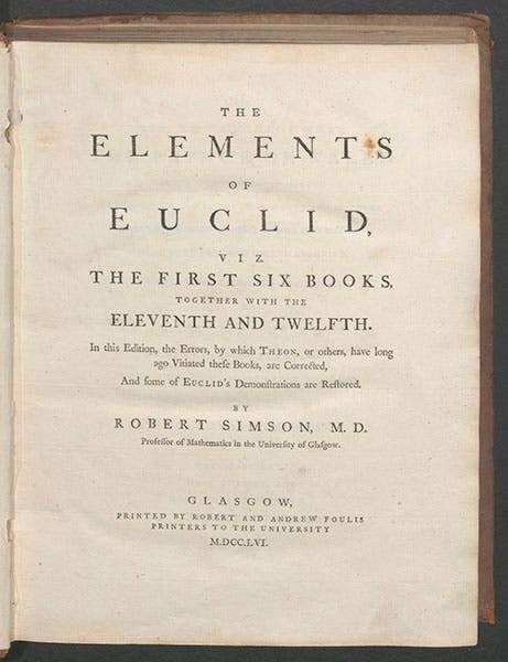 Title page of The Elements of Euclid, by Robert Simson, 1756 (Linda Hall Library)