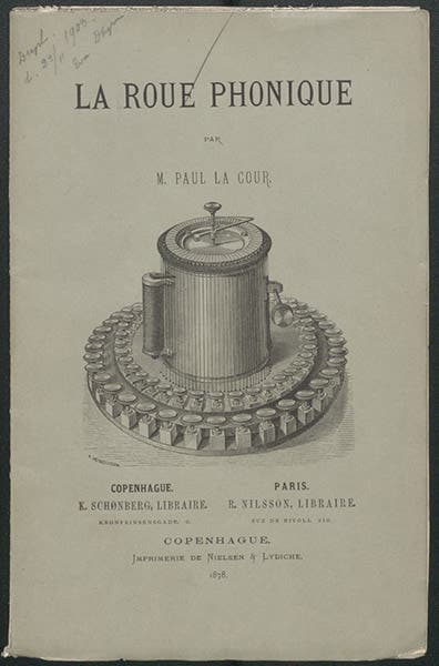Paper front cover, showing phonic wheel, La roue phonique, by Poul La Cour, 1878 (Linda Hall Library)