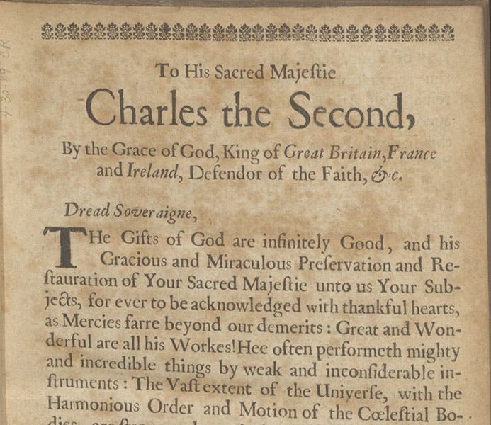 Dedication to King Charles II, detail, Astronomia Carolina: A New Theory of the Coelestial Motions, by Thomas Streete,1661 (Linda Hall Library)