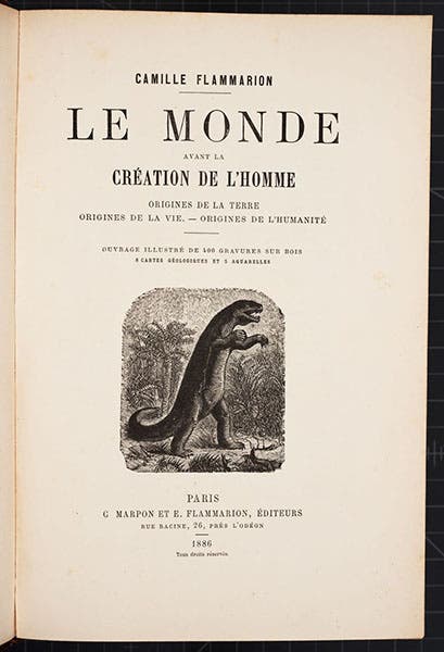 Title page with wood-engraved vignette, in Le monde avant la création de l'homme, by Camille Flammarion, 1886 (Linda Hall Library)