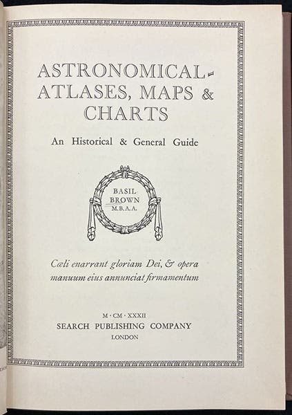 Title page, Astronomical Atlases, Maps & Charts: An Historical & General Guide, by Basil Brown, 1932 (Linda Hall Library)