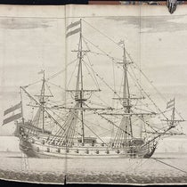 A ship of war, with every gun and block identified, engraved frontispiece, L'art de batir les vaisseaux, by Nicolaas Witsen et al, 1719 (Linda Hall Library)