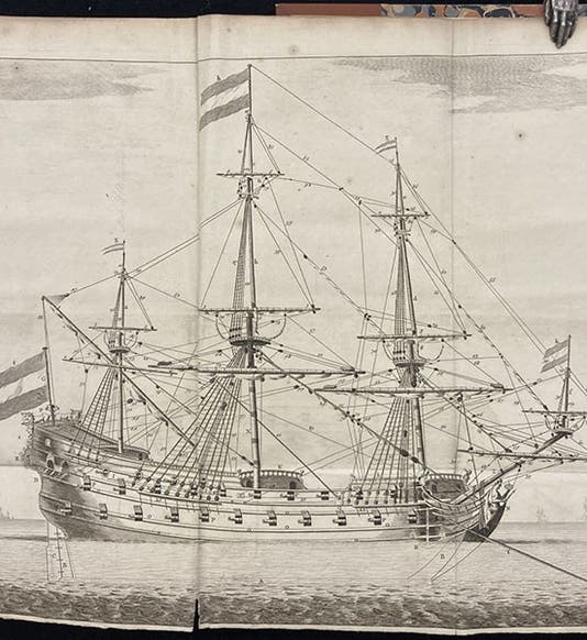 A ship of war, with every gun and block identified, engraved frontispiece, L'art de batir les vaisseaux, by Nicolaas Witsen et al, 1719 (Linda Hall Library)