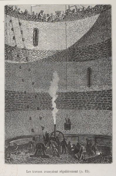 Digging the masonry well for the mold for the 900-foot cannon, wood engraving after a design by Henri de Montaut, in De la terre à la lune, by Jules Verne, 1865, here from the 1868 ed, Bibliothèque nationale de France (gallica.bnf.fr)