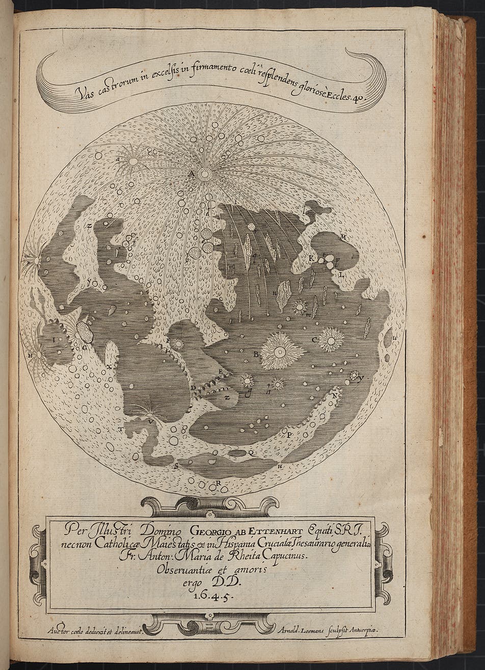 Rheita's map has not been much appreciated, probably because it was so soon eclipsed by the more splendid efforts of Hevelius, Divini, and Grimaldi, but it captures the brilliant ray system of Tycho (feature A) much better than any other illustration to that time, as well as the mountainous nature of the Apennines (E). The floors of the craters Plato (Q) and Grimaldi (u) are properly depicted as black.