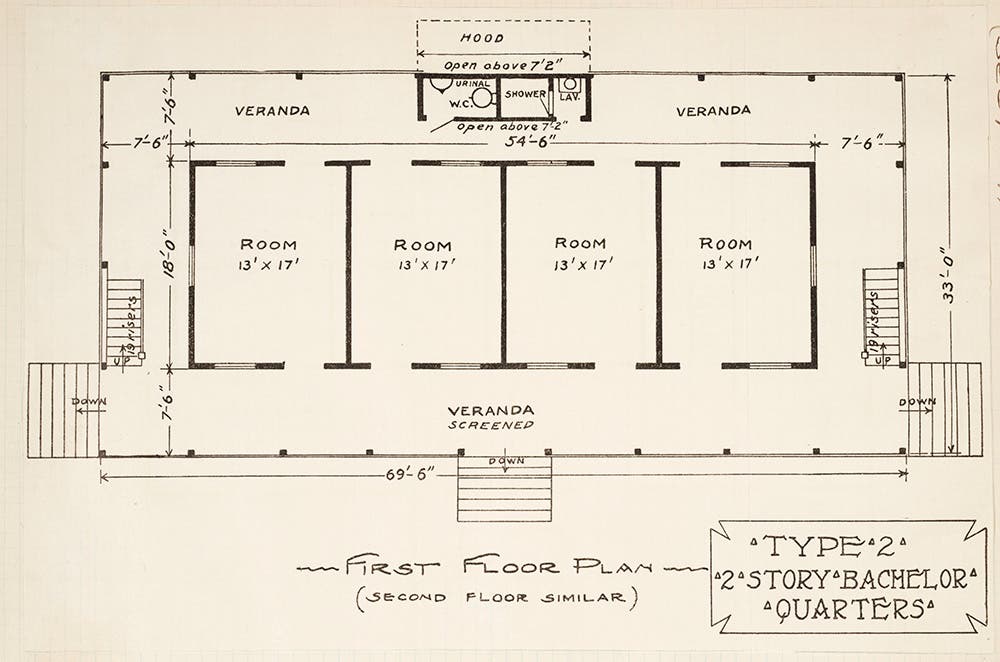 Floor plan for typical bachelor quarters.
White American workers, who were either single or had not brought their families, were housed in bachelors’ barracks. Each man was given a private room, but the number of building residents and square footage allotted varied according to monthly pay. This floor plan is for rooms about 220 square feet. 