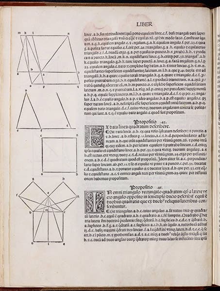 Diagrams for propositions 44-46 of Book I of Euclid’s Elements, including the Pythagorean theorem; these are the first mathematical diagrams to appear in a printed book, 1482 (Linda Hall Library)