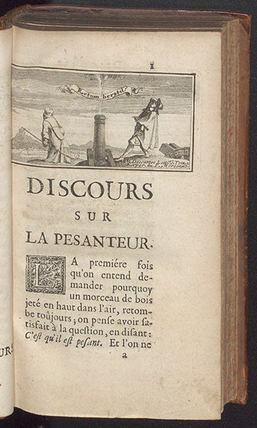 First page of text, with headpiece (see image 6 for detail of headpiece), Pierre Varignon, Nouvelles conjéctures sur la pesanteur, 1690 (Linda Hall Library)