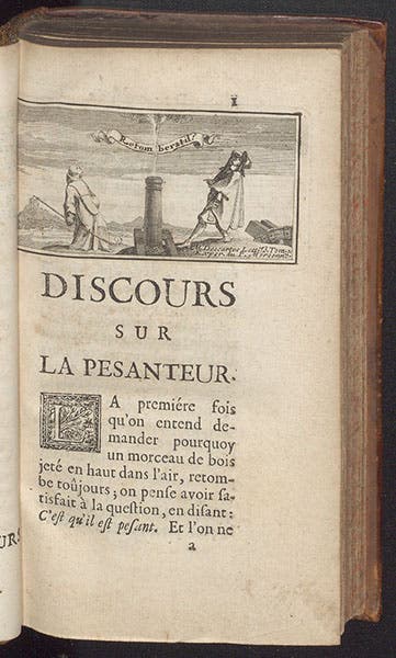 First page of text, with headpiece (see image 6 for detail of headpiece), Pierre Varignon, Nouvelles conjéctures sur la pesanteur, 1690 (Linda Hall Library)