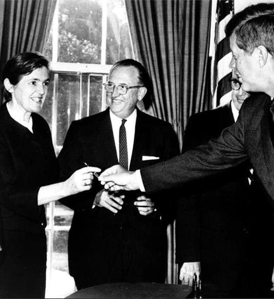 Frances Oldham Kelsey, at far left, receiving a pen from President Kennedy after the signing of the Kefauver-Harris Drug Amendments, Oct. 10, 1962 (FDA on flickr).
