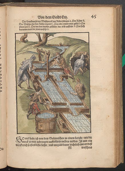 Screening and washing gold ore in a sluice, full page with hand-colored woodcut, Lazarus Ercker, Beschreibung, 1580 (Linda Hall Library)