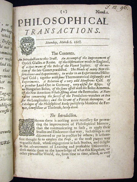 First page of the first issue of the Philosophical Transactions, edited by Henry Oldenburg, Mar. 6, 1665 (Linda Hall Library)
