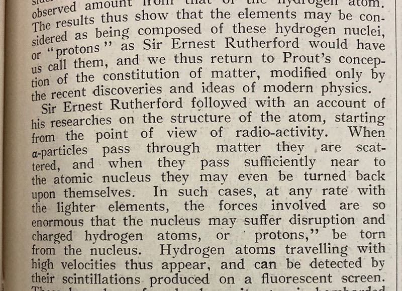 Detail of first page of editorial, “Physics at the British Association,” discussing the paper of Ernest Rutherford, and using the word “proton” for the first time in print, Nature, vol, 106, p. 357, 1920 (Linda Hall Library)