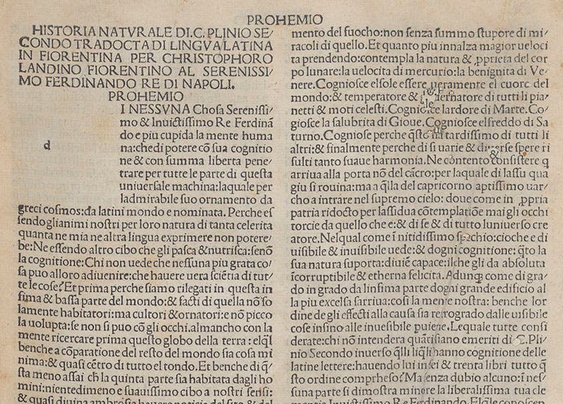 Detail of first page of Pliny the Elder, Historia naturale, translated by Cristoforo Landino, 1489 edition (Linda Hall Library)