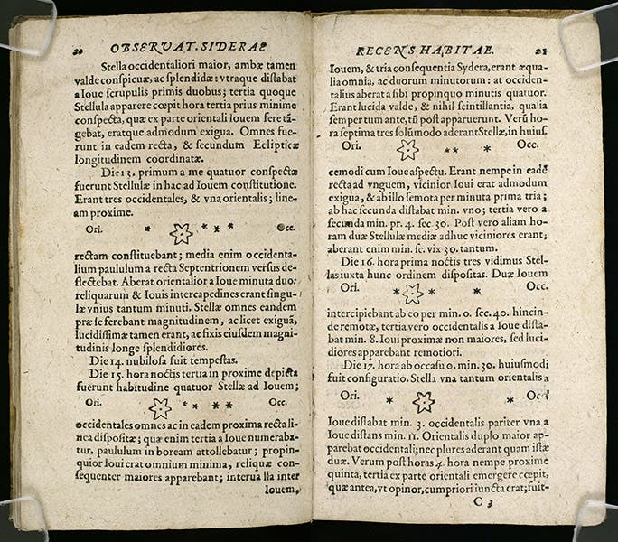 A page-opening from the pirated Frankfurt edition of Galileo Galilei, Sidereus nuncius, 1610, showing the appearance of Jupiter’s satellites from Jan. 12 to Jan 17; compare to image 6 above, which shows the same opening from the Venice 1610 edition (Linda Hall Library)
