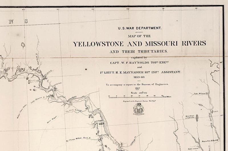 Title panel, detail of “Map of the Yellowstone and Missouri Rivers and their Tributaries,” by William F. Raynalds and H.E. Maynadier, 1868, David Rumsey Map Collection`(davidrumsey.com)