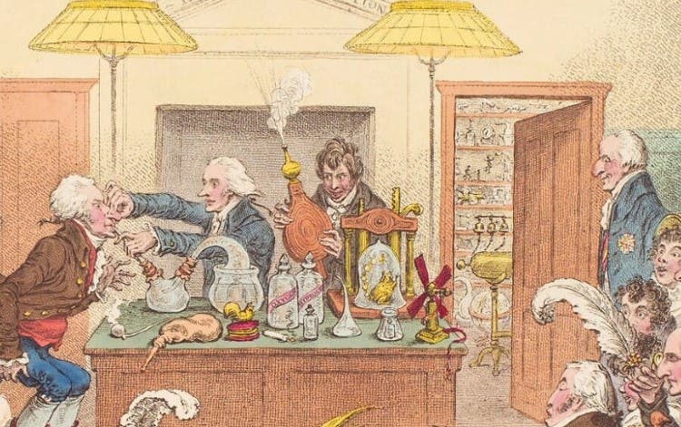 Detail of the laughing gas demonstration depicted in the fifth image, caricaturing (right to left) Benjamin Thompson, Count Rumford; Humphry Davy; Thomas Garnett or James Watt; and James Coxe Hippisley (npg.uk.org)