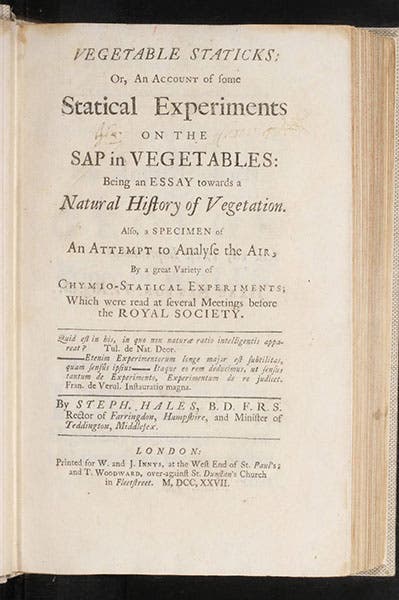 Title page, Stephen Hales, Vegetable Staticks (1727), Linda Hall Library