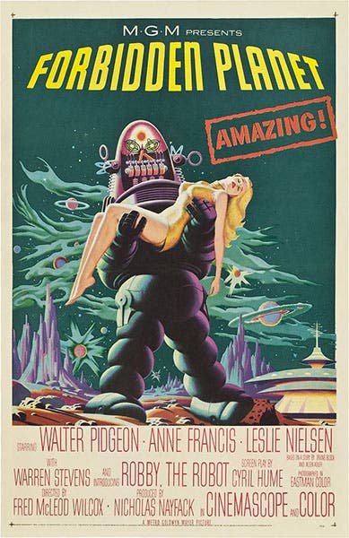 Forbidden Planet movie poster, 1956. The score by Bebe and Louos Barron is not mentioned (Wikimedia commons)