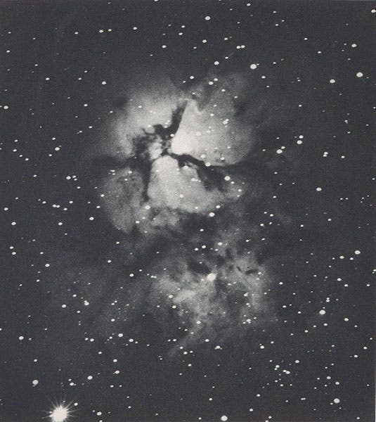M20 Trifid nebula in Sagittarius, photograph by Jams Keeler, cropped to plate borders, heliogravure in Photographs of Nebulae and Clusters Made with the Crossley Reflector, by James Keeler, Lick Observatory, plate 55, 1908 (Linda Hall Library)