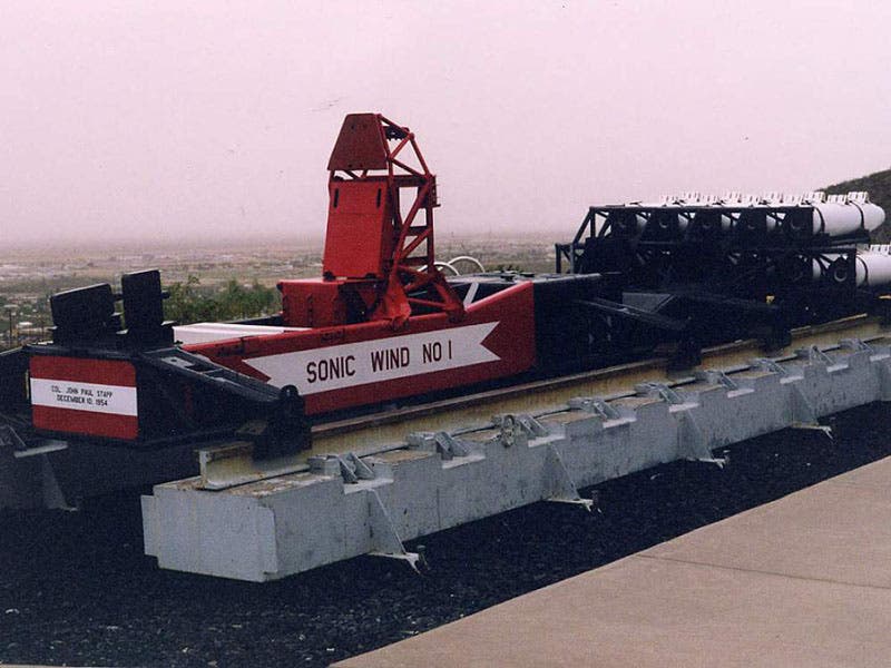 Sonic Wind no. 1, rocket sled ridden by John Paul Stapp, Dec. 10, 1954, to his land-speed world record, New Mexico Museum of Space History, Alamogordo, New Mexico (si.edu)