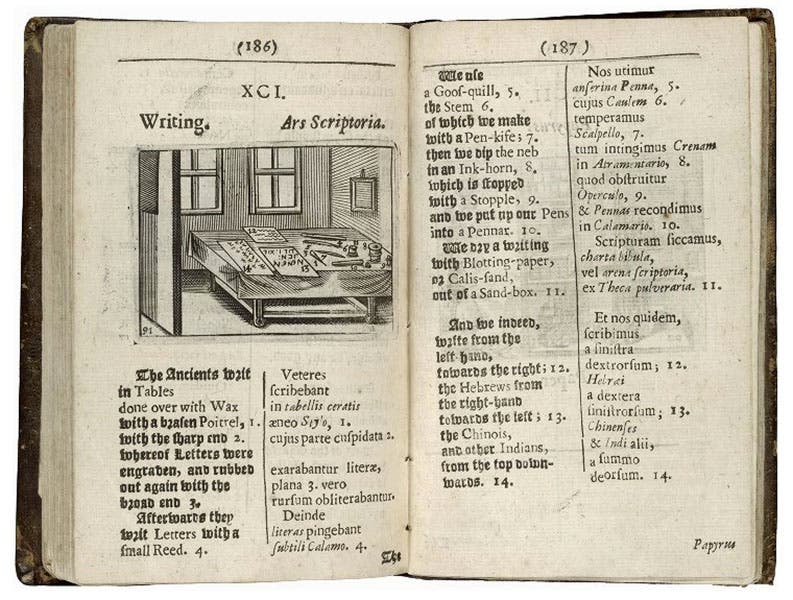 Image and terms relating to “Writing”, from Comenius, Orbis sensualium pictus, 1685 (Folger Library)