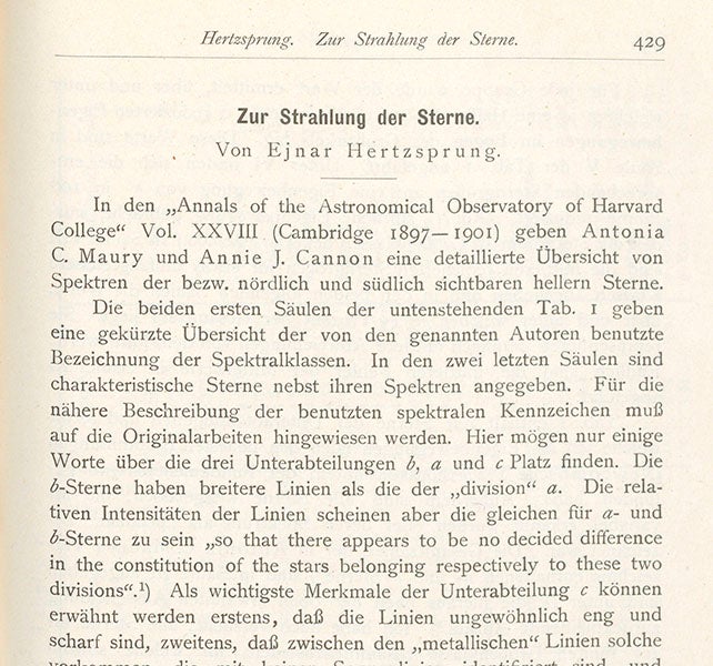 The first page of Hertzsprung’s paper, “On radiation from stars,” where red giant and red dwarf stars are first distinguished, in Zeitschrift für wissenschaftliche Photographie, 1905 (Linda Hall Library)