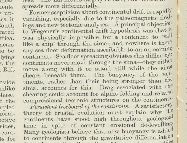 Detail of third page of Robert Dietz’s paper, where the term “sea floor spreading” is used for the first time, about in the center, Nature, vol. 190, 1961 (Linda Hall Library)