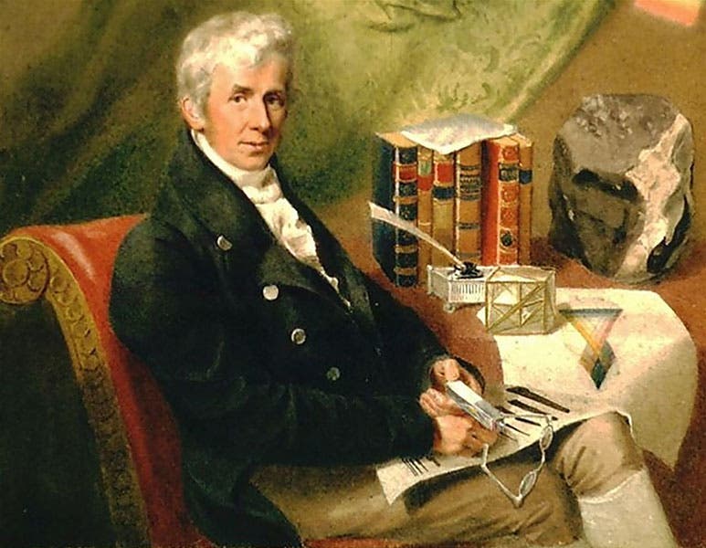 Portrait of James Sowerby, oil on canvas?, by Thomas Heaphy, 1816, location unknown; the Wold Cottage meteorite is on the table at right (royalsocietypublishing.org)