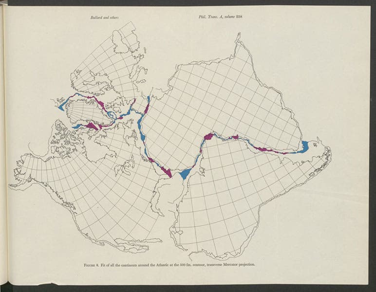 All the Atlantic Ocean land-masses joined at 500-fathom depth, compute- generated map programmed by Alan Smith and Jim Everett, in Philosophical Transactions of the Royal Society of London, vol. 258A, 1965 (Linda Hall Library)