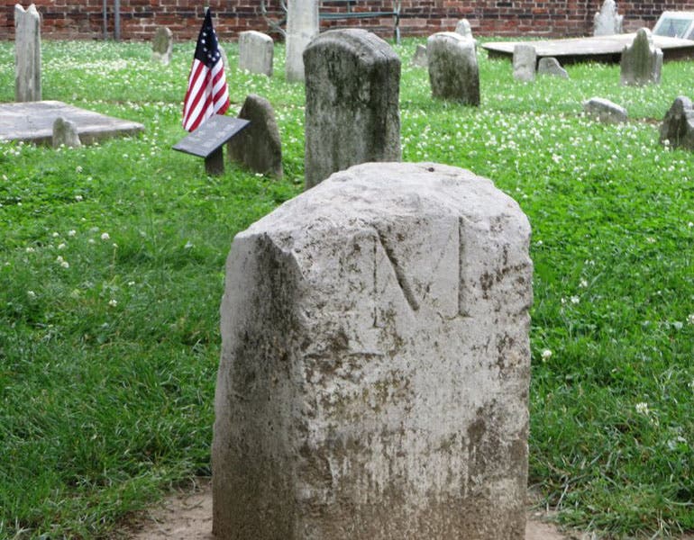 One of the original milestones on the Mason-Dixon line, now serving as a grave memorial for Charles Mason, Christ Church burial ground, Philadelphia (findagrave.com)