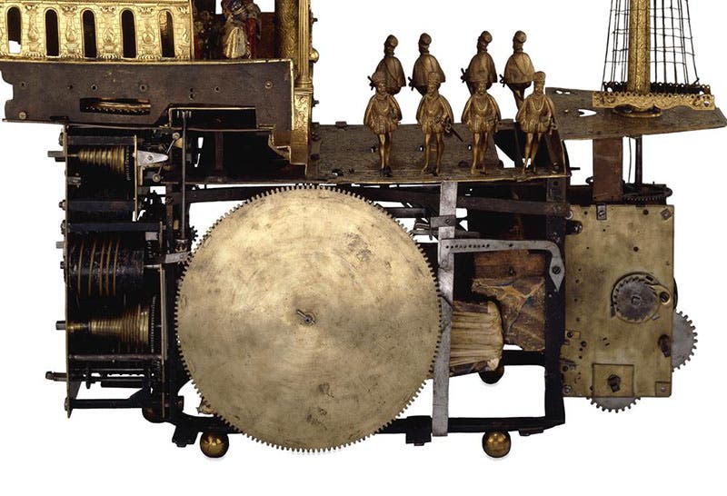 Detail of the underworks of the British Museum clockwork galleon, seen from the starboard side (Wikimedia commons)