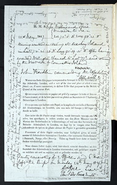 Document found on King William’s Land, May 1859, attesting to the abandonment of HMS Erebus and Terror and the death of John Franklin, lithographed facsimile, Francis Leopold McClintock, The Voyage of the ‘Fox’, 1859 (Linda Hall Library)